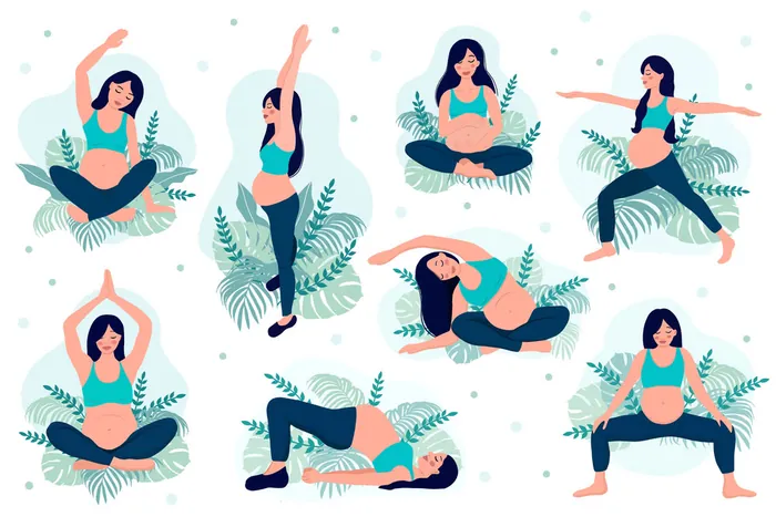 Illustration of a pregnant woman in different yoga poses